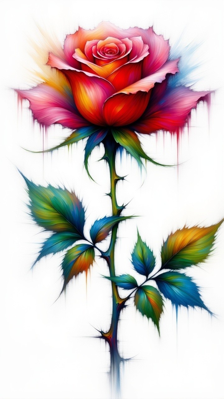 Vibrant Stylized Rose with Colorful Petals and Leaves