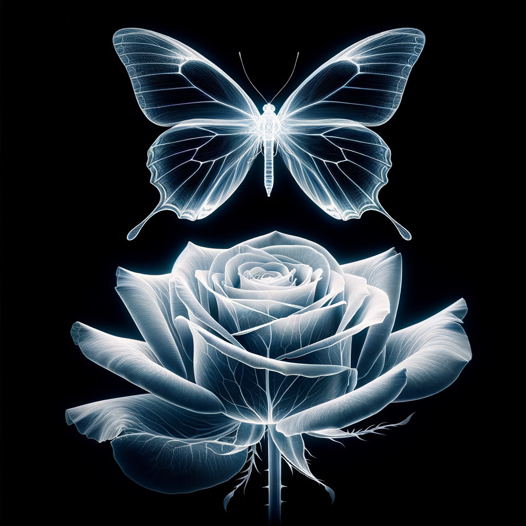 Translucent Butterfly Above Ethereal Rose on Black Background