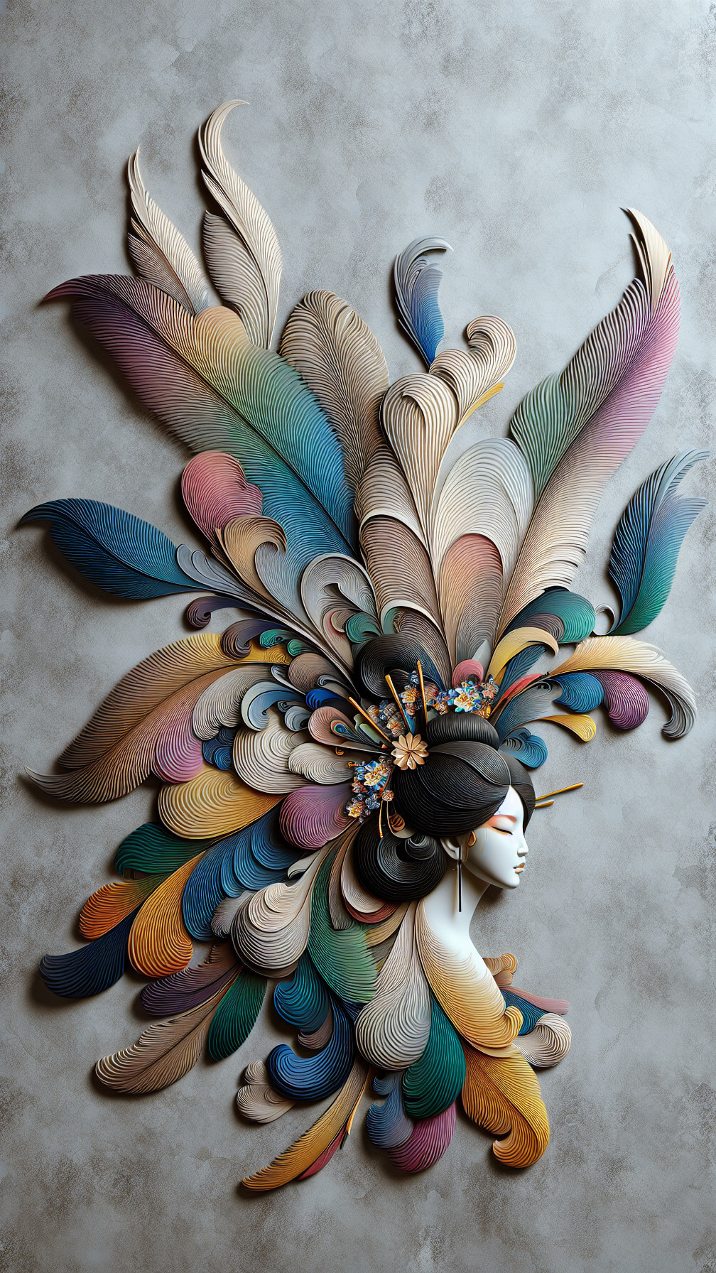 Three-Dimensional Artwork of Woman's Face with Feathers
