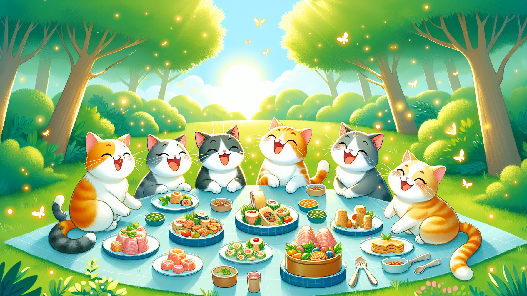 Cats Having a Picnic in a Sunlit Park Setting