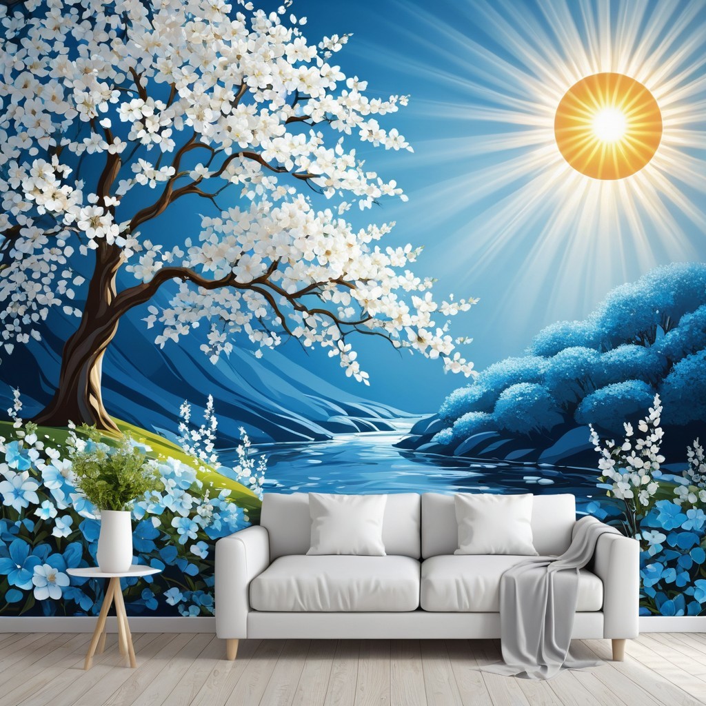 Serene Landscape with Blossoming Tree and River