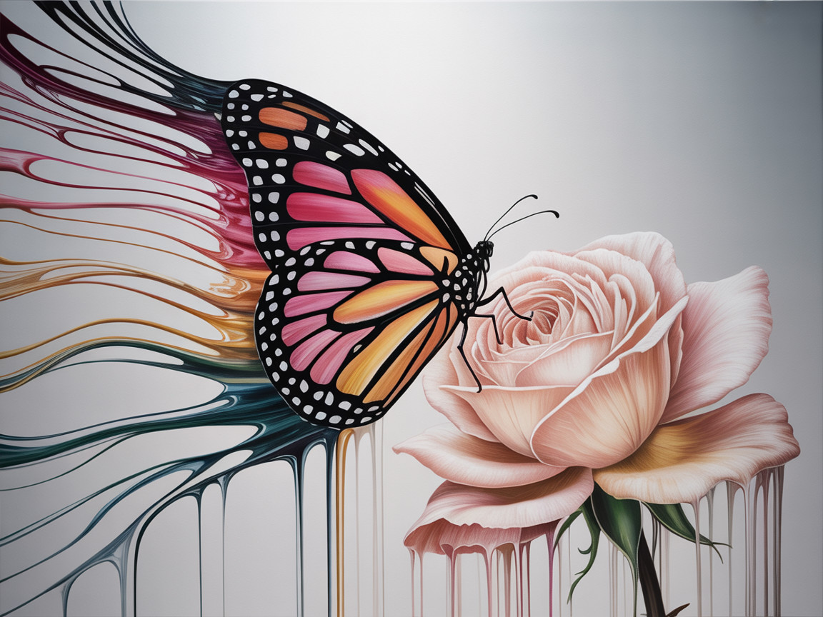 Vibrant Monarch Butterfly and Pink Rose Artwork