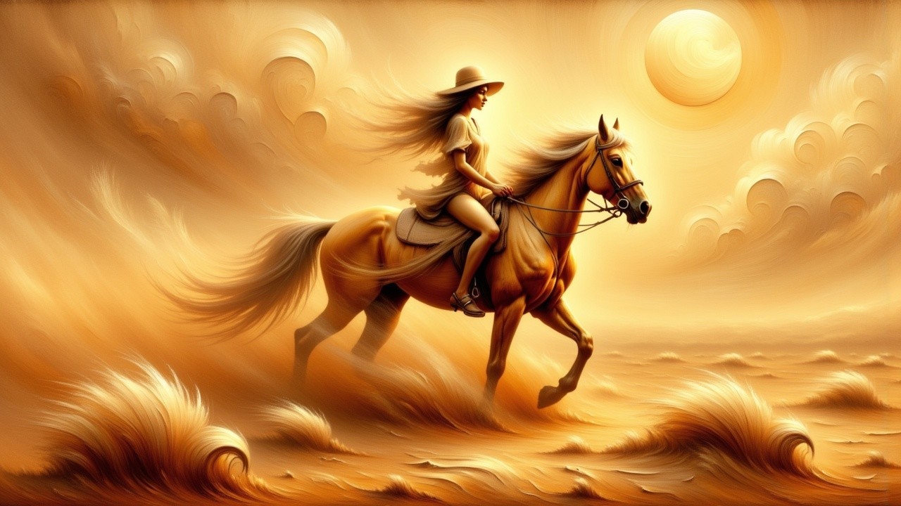 Woman on Golden Horse in Sunlit Cloud Landscape
