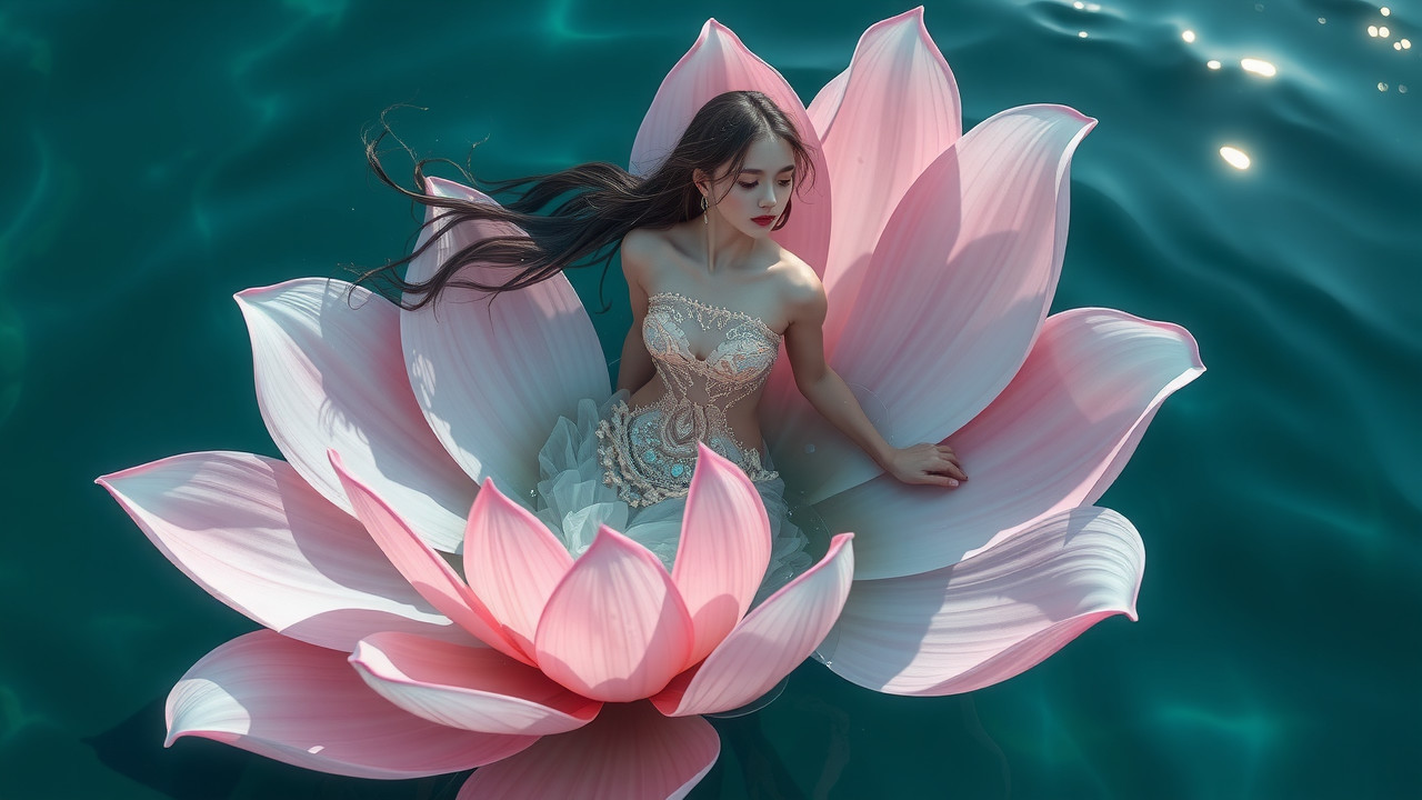 Young woman in pink lotus on tranquil turquoise water