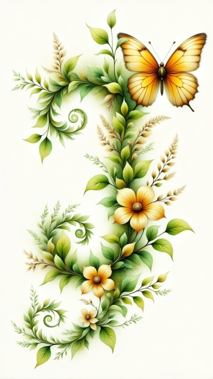 Vibrant Illustration of Vines and Butterfly in Nature