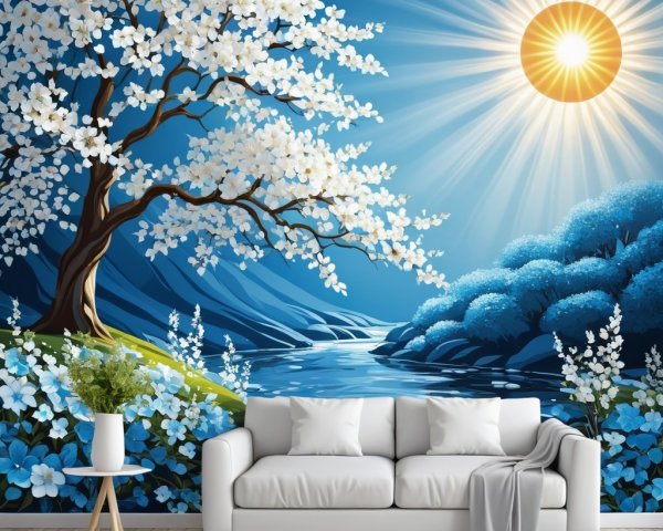 Serene Landscape with Blossoming Tree and River