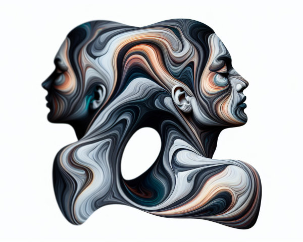 Stylized Intertwined Human Faces in Vibrant Patterns