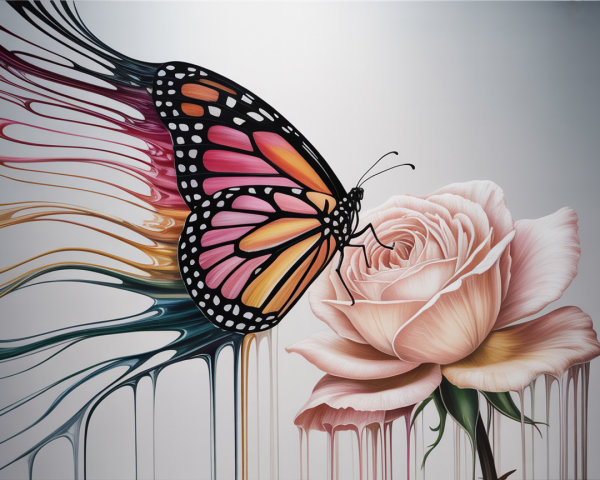 Vibrant Monarch Butterfly and Pink Rose Artwork