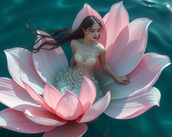 Young woman in pink lotus on tranquil turquoise water