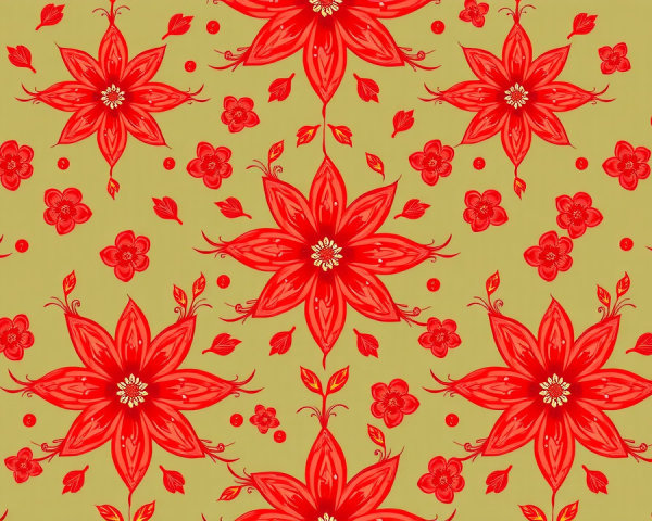 Vibrant floral pattern with red star-shaped flowers