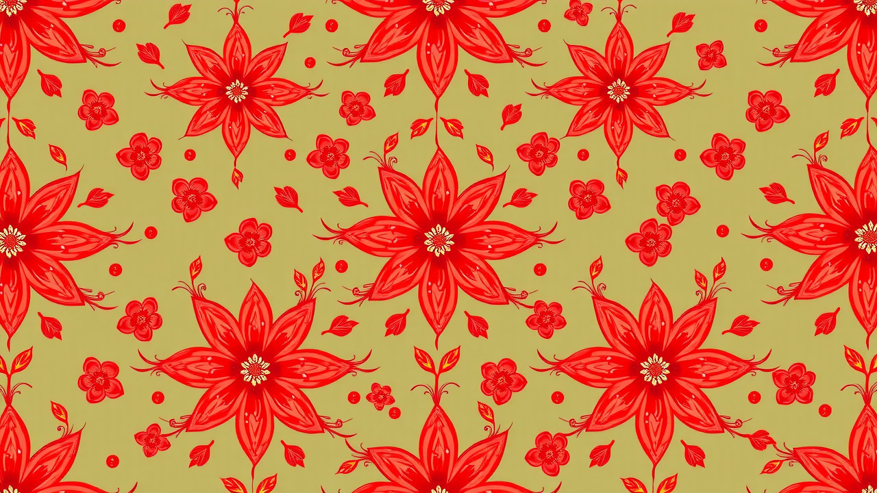Vibrant floral pattern with red star-shaped flowers