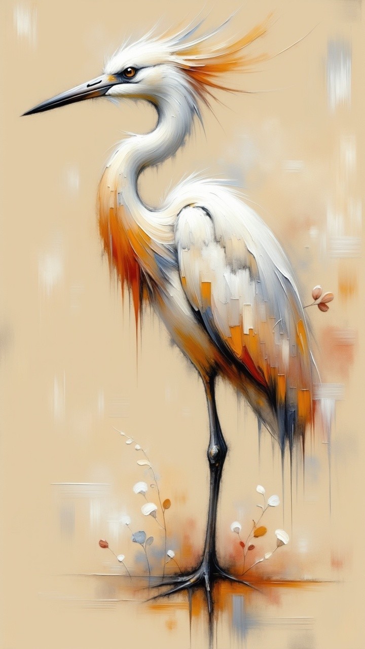 Stylized heron with floral elements on beige backdrop