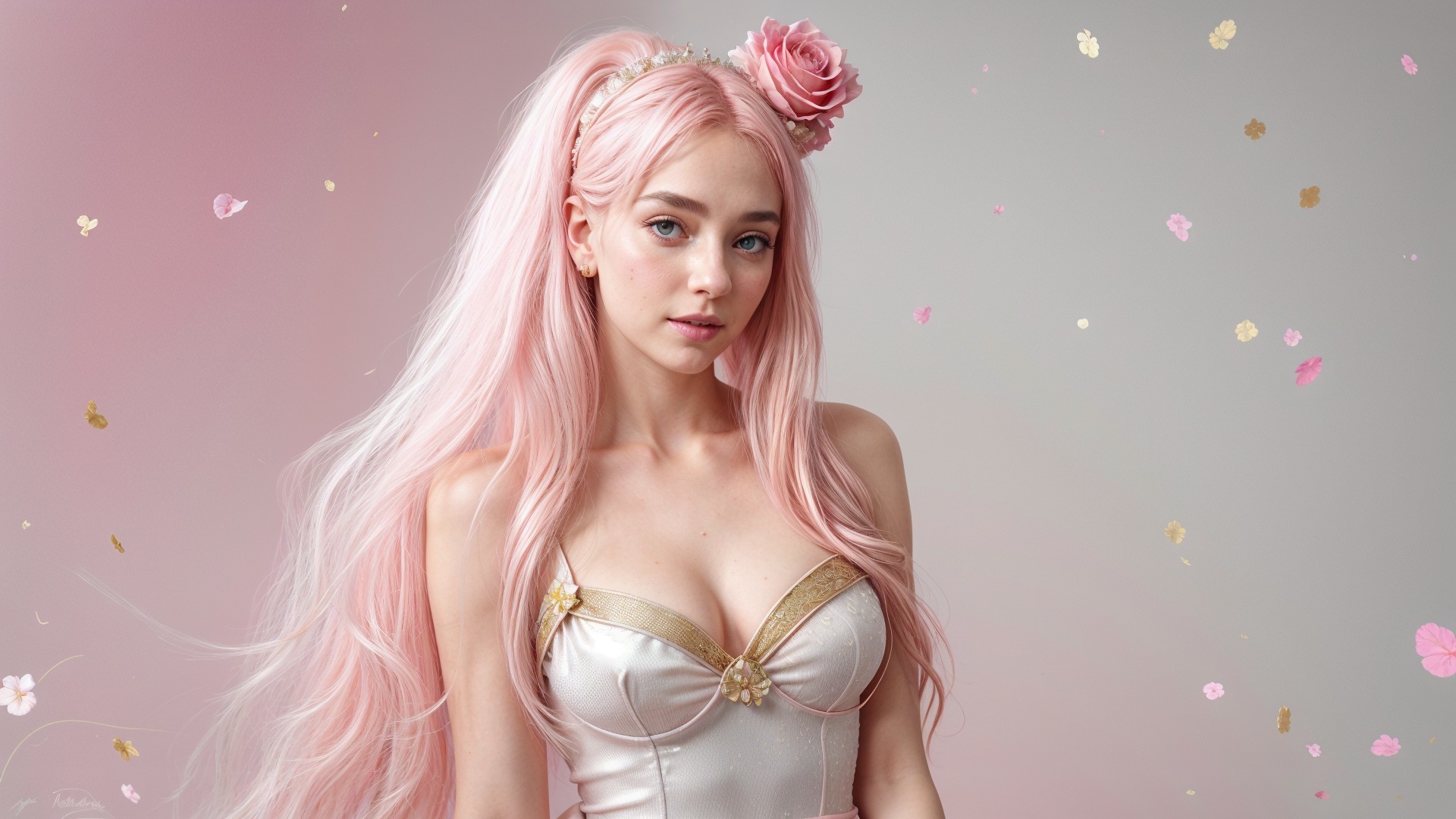 Young woman with pink hair in floral setting