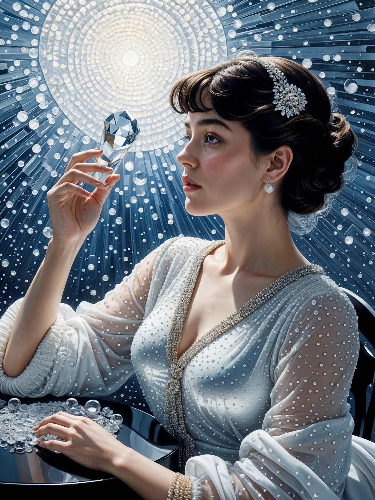 Elegant woman in white gown with crystal and tiara