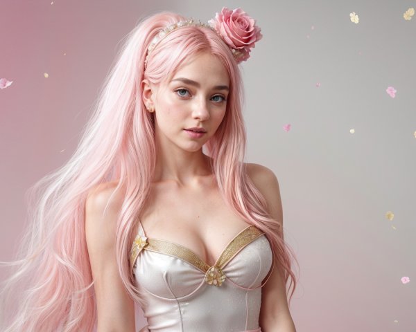 Young woman with pink hair in floral setting