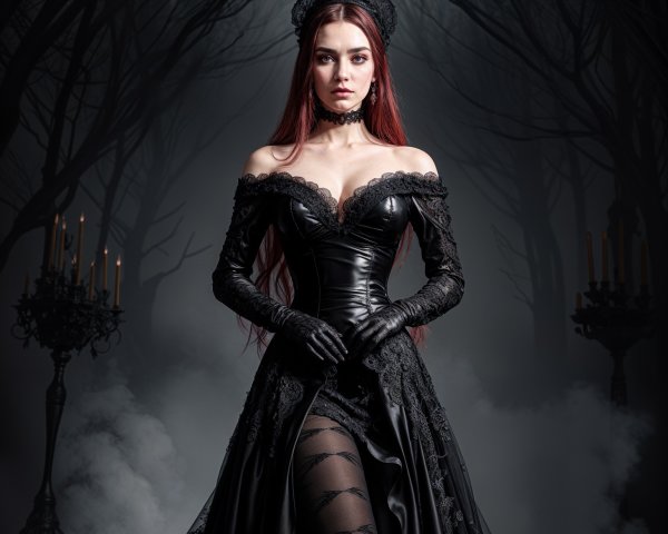 Elegant Figure in Black Gown in Foggy Forest Setting