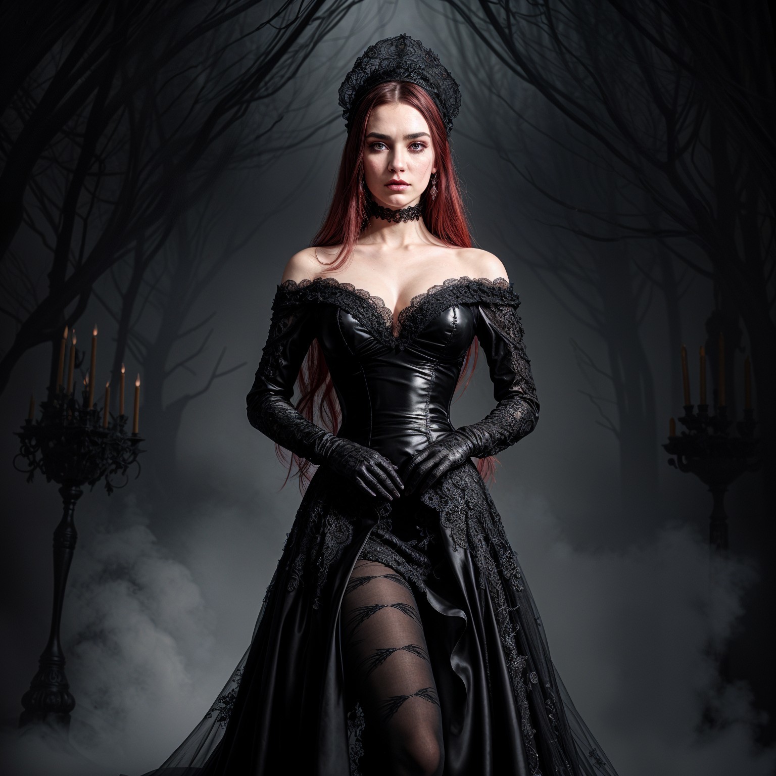 Elegant Figure in Black Gown in Foggy Forest Setting