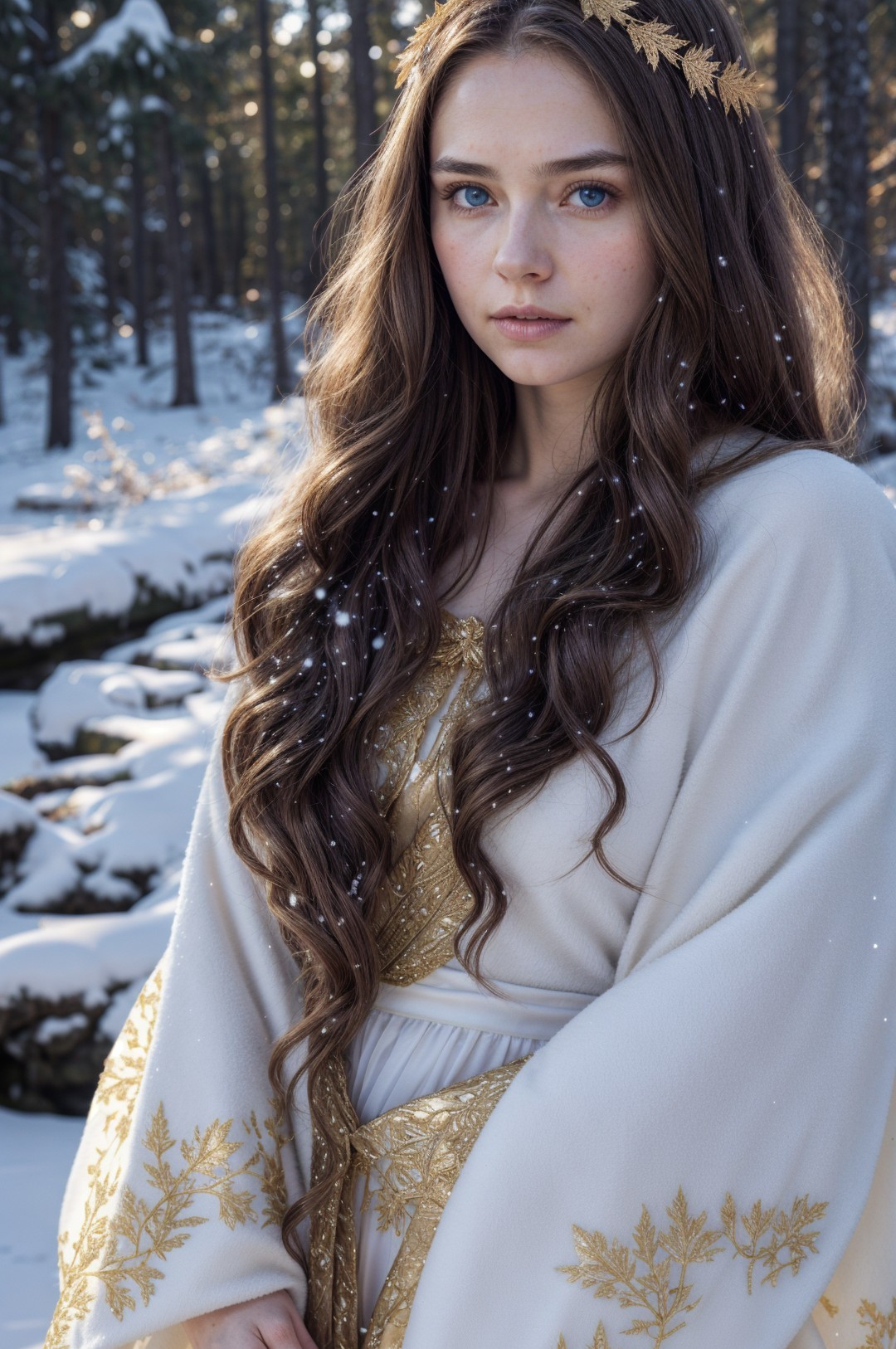 Young Woman in Winter Forest with White Garment