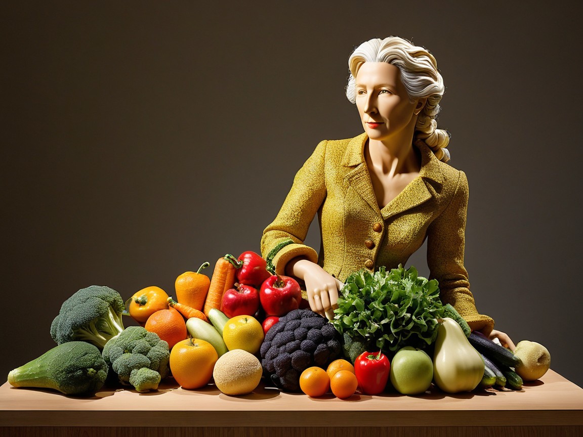 Stylized Woman in Golden Jacket with Colorful Produce