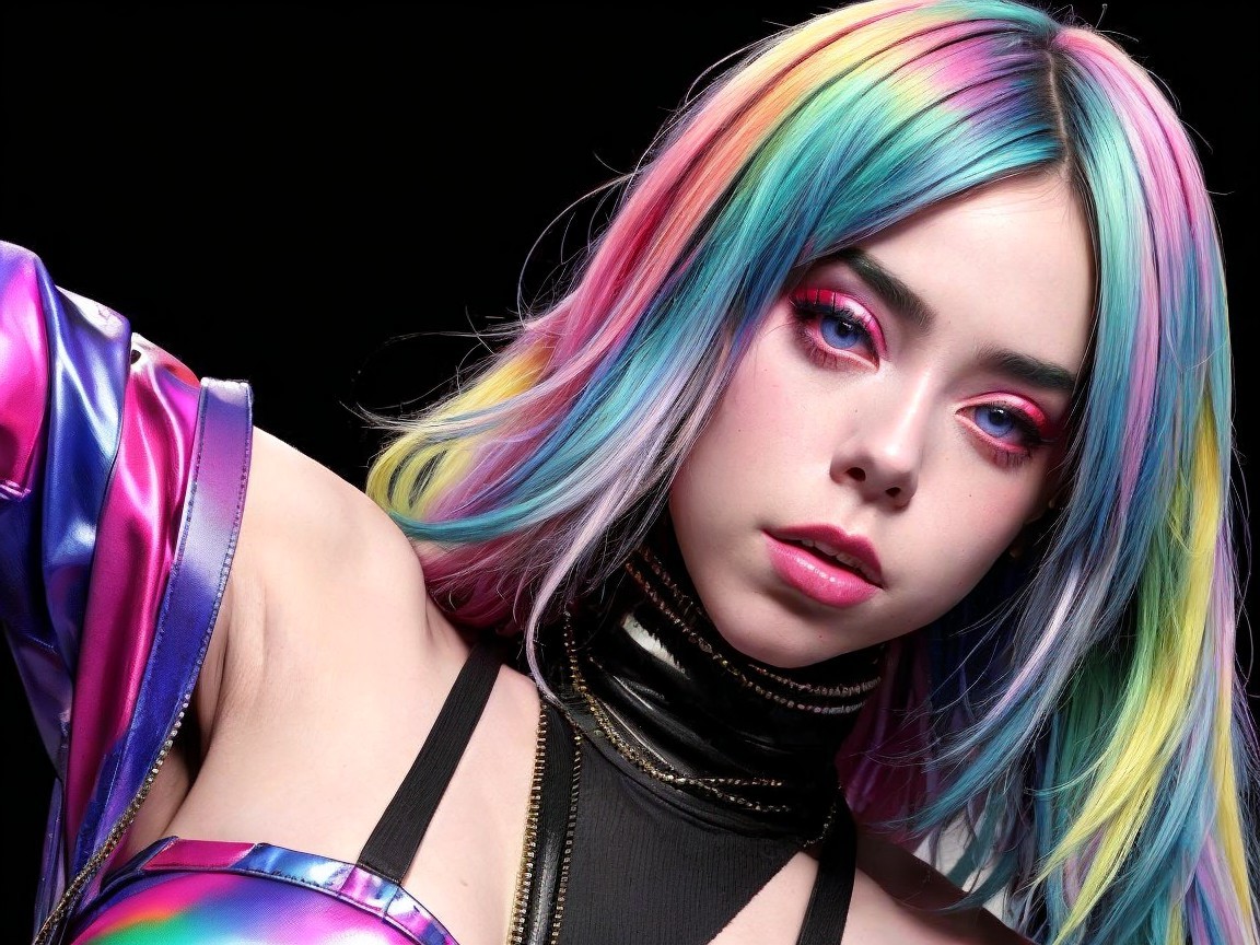 Vibrant Multicolored Hair and Futuristic Outfit Display