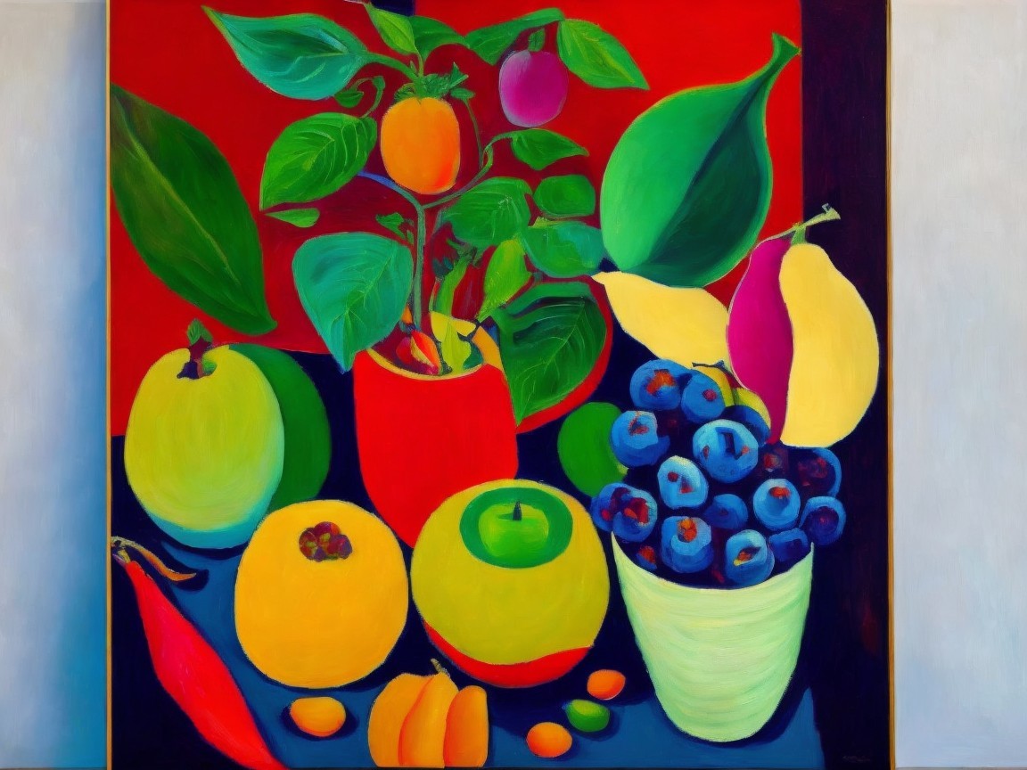 Vibrant Still Life Painting of Fruits and Vegetation