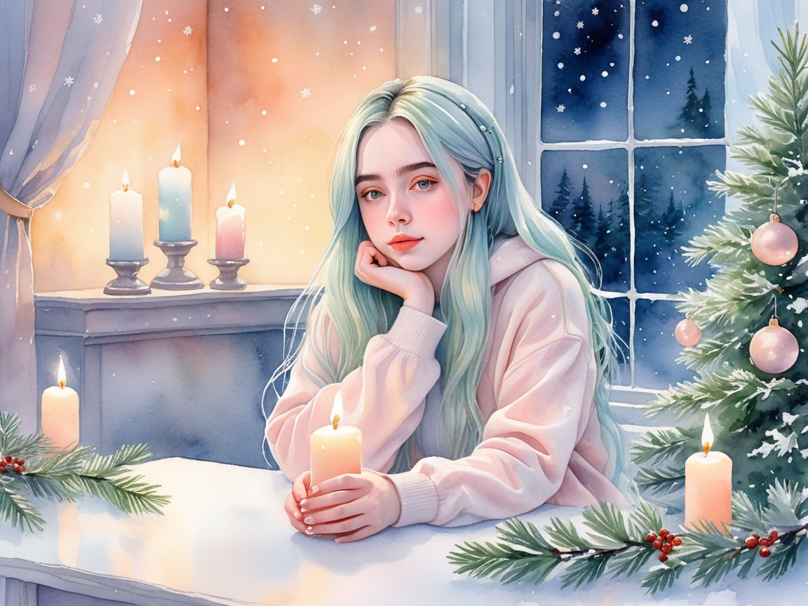 Watercolor Painting of a Woman with Candle and Christmas Tree