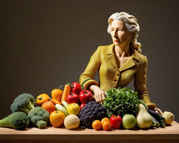 Stylized Woman in Golden Jacket with Colorful Produce