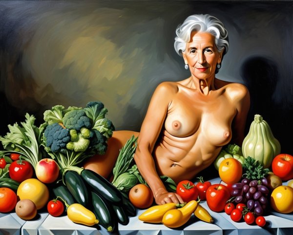 Mature Woman Surrounded by Vibrant Fruits and Vegetables