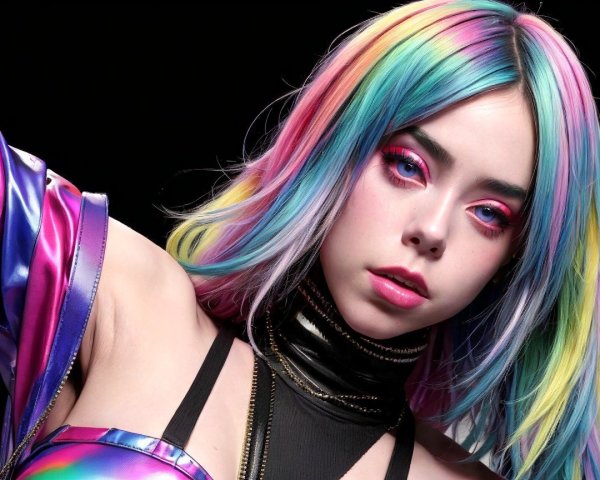Vibrant Multicolored Hair and Futuristic Outfit Display