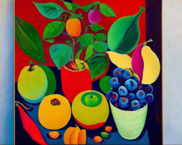 Vibrant Still Life Painting of Fruits and Vegetation