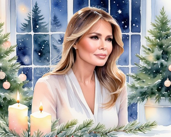 Watercolor Illustration of Woman by Christmas Tree