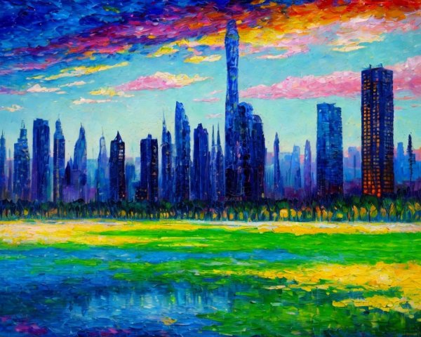 Vibrant Cityscape with Skyscrapers and Nature Elements