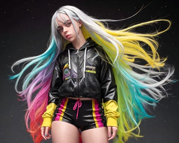 Young woman in colorful hoodie and vibrant shorts