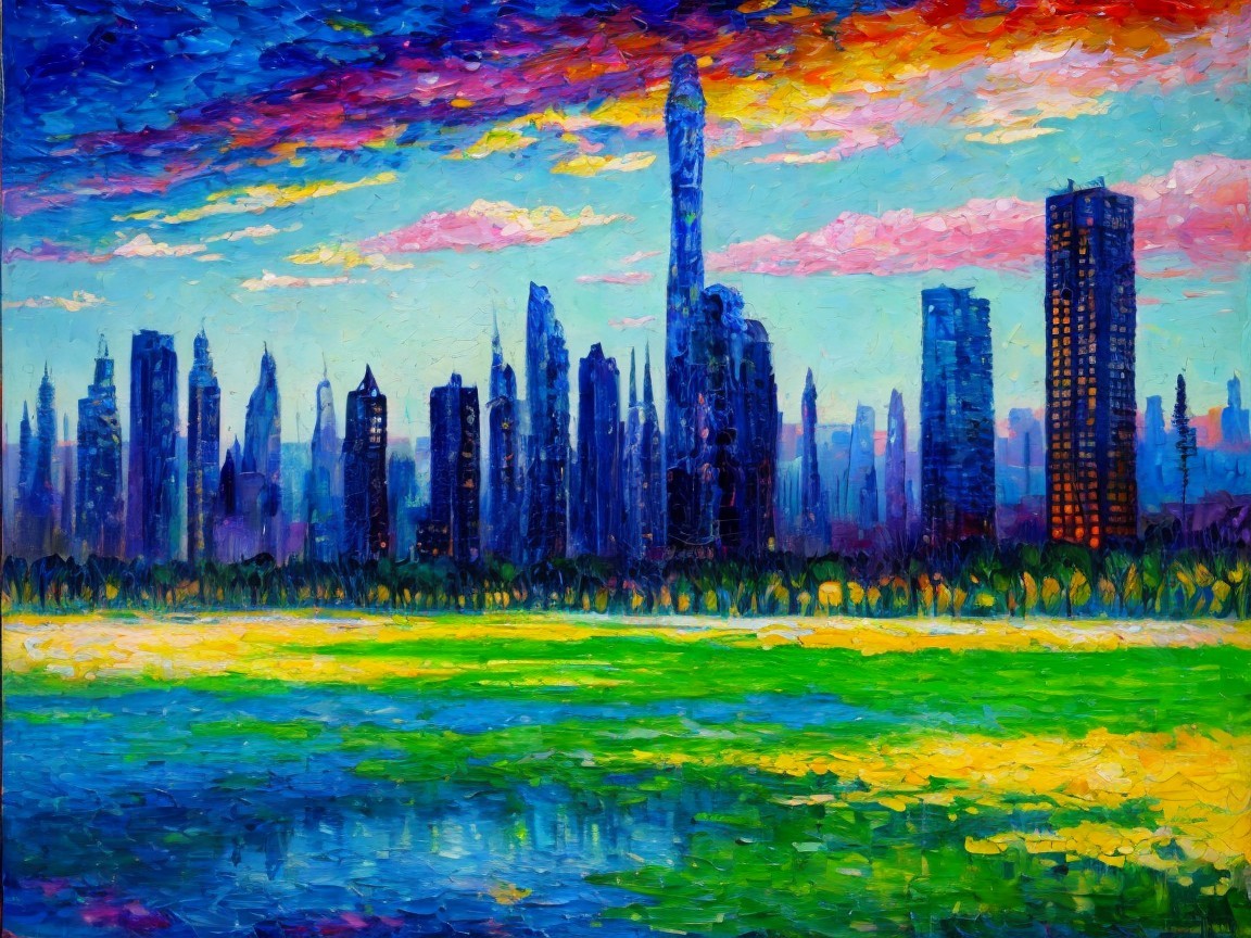 Vibrant Cityscape with Skyscrapers and Nature Elements