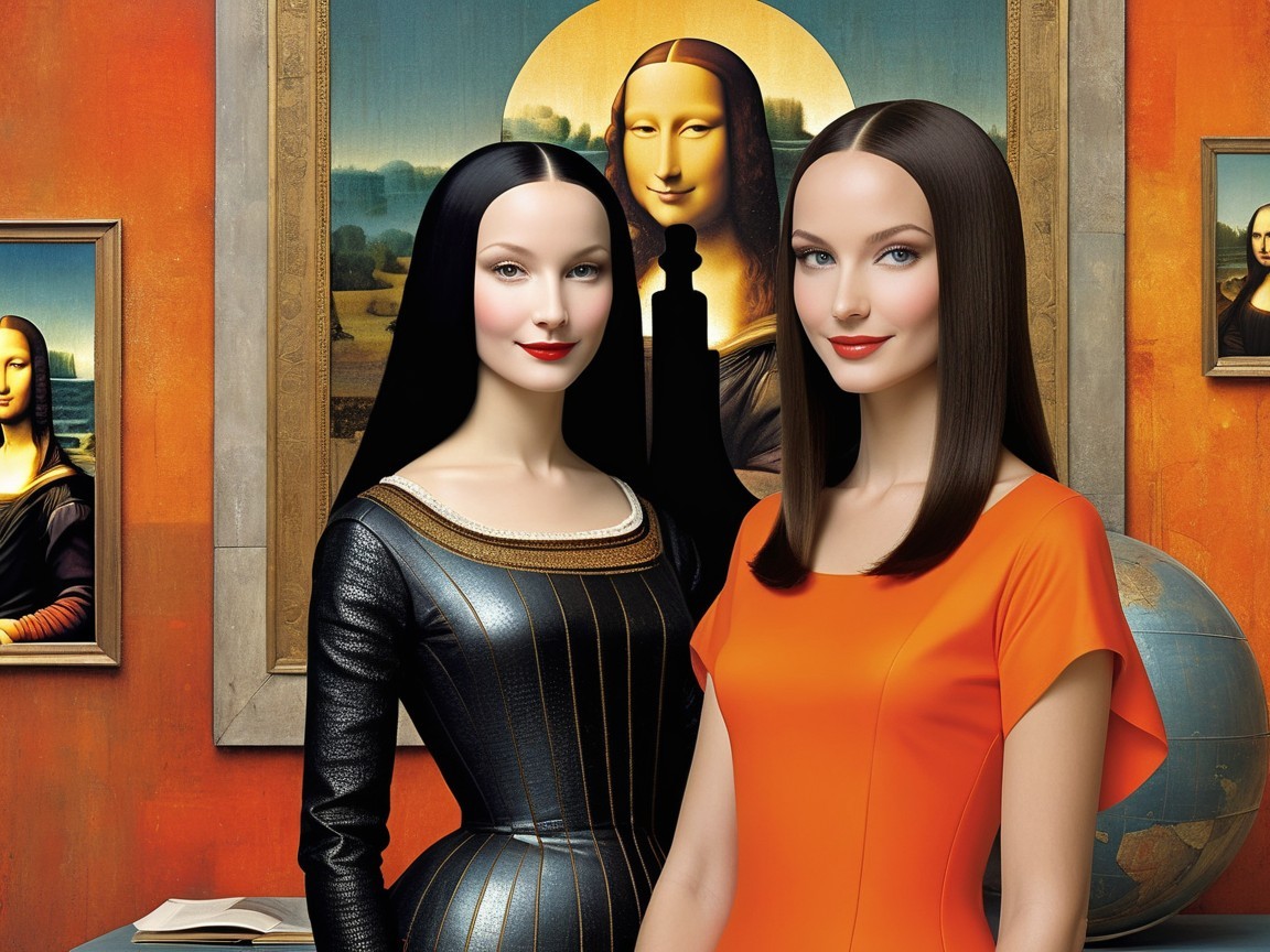 Women in Art Gallery with Mona Lisa Paintings
