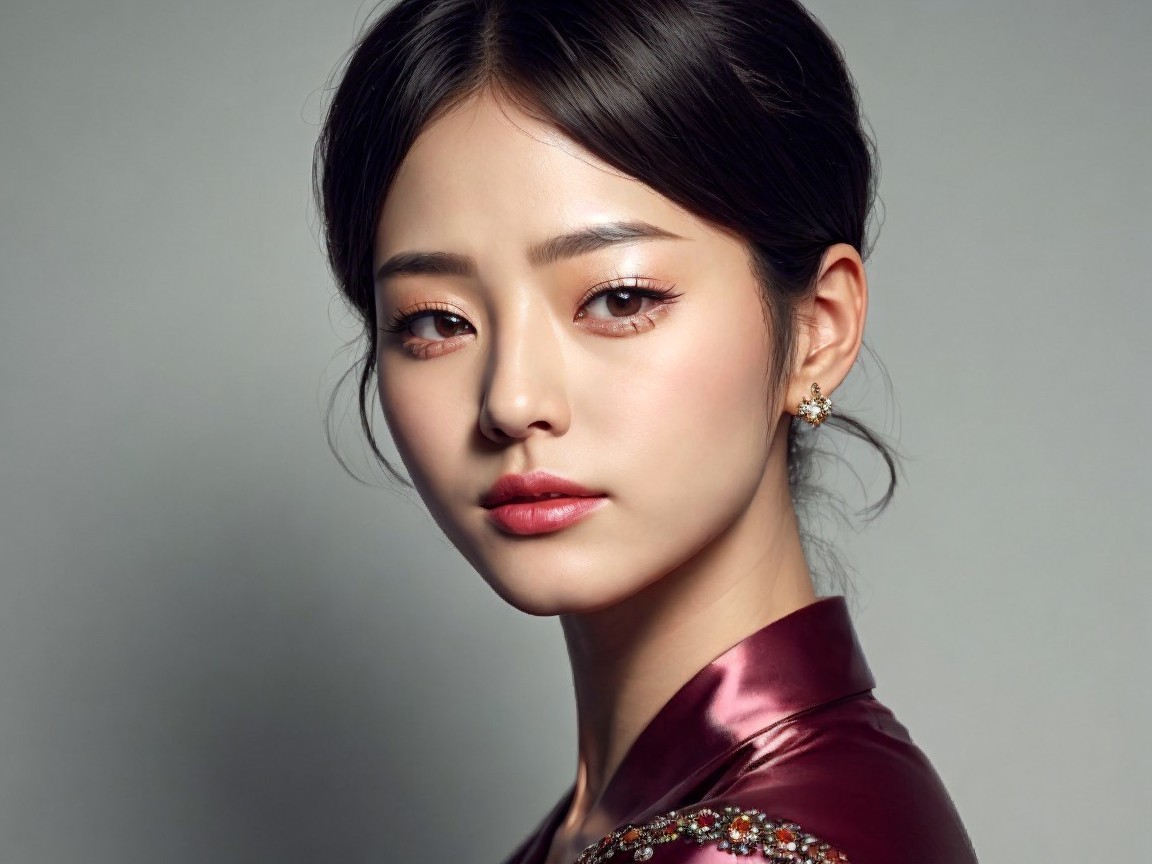 Portrait of a young woman in elegant maroon attire