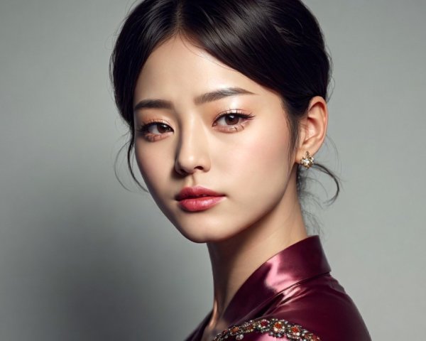 Portrait of a young woman in elegant maroon attire