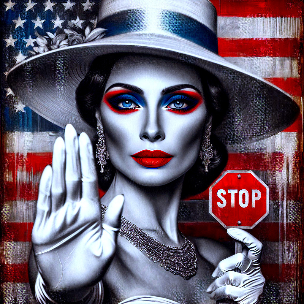 Boldly Made-Up Woman with Stop Sign and American Flag