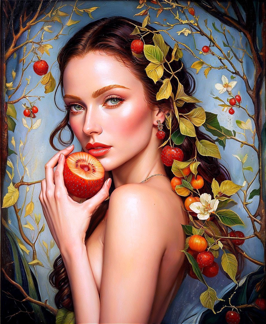 Portrait of a Woman Amidst Greenery and Apple Trees