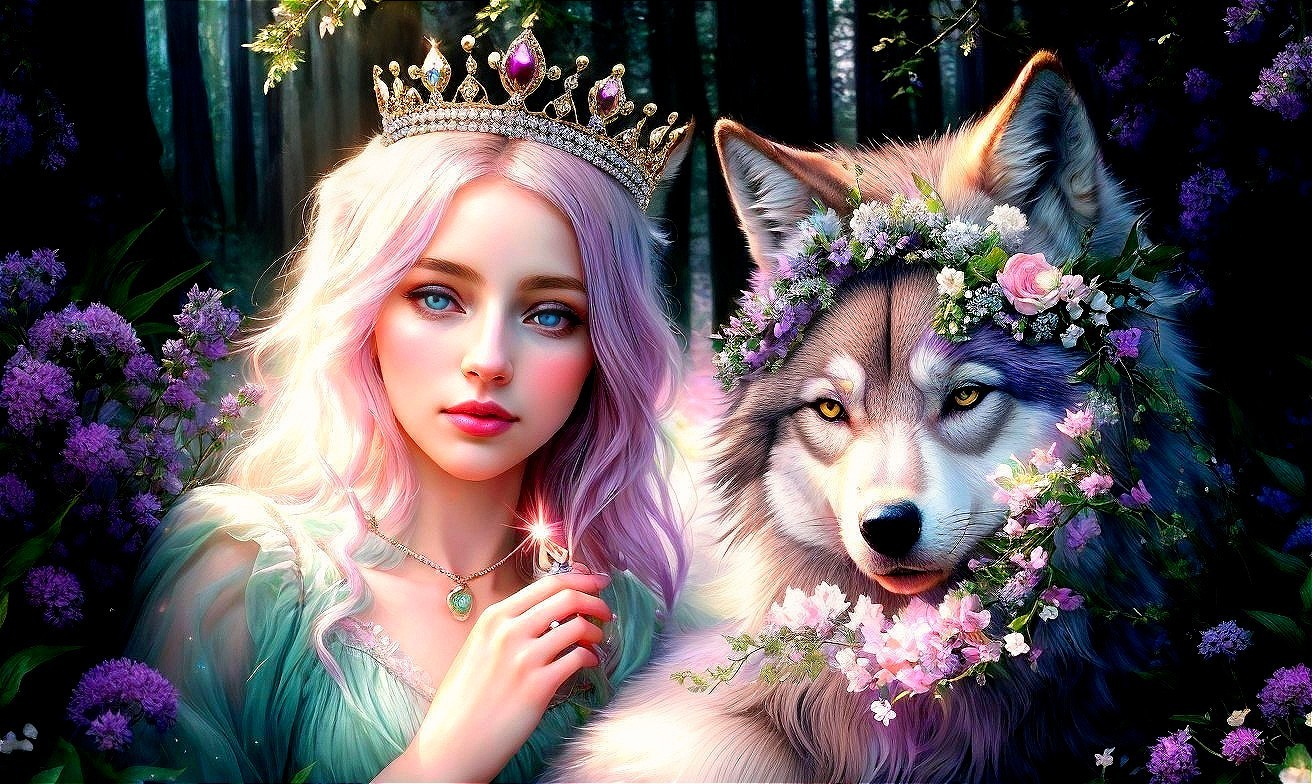Mystical Scene of Woman and Wolf in Enchanted Forest