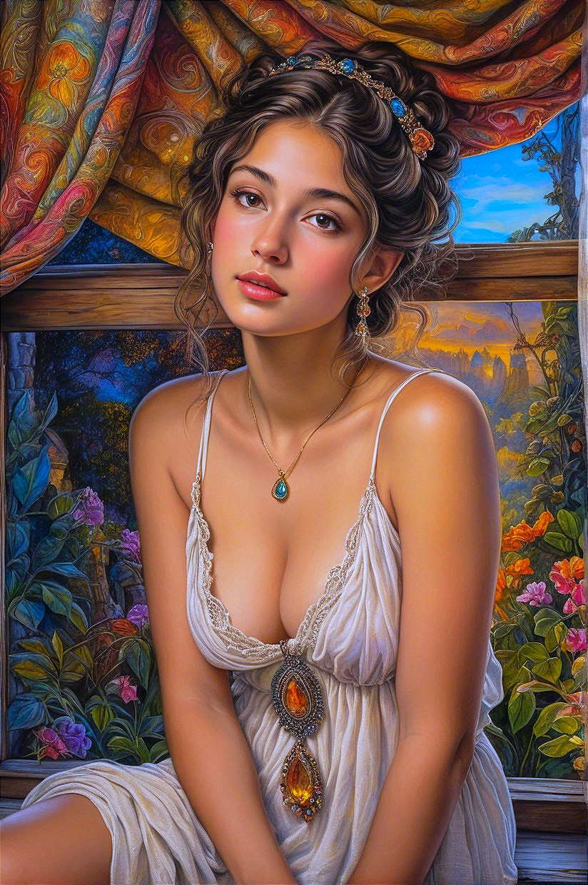 Young Woman in White Dress by Window with Garden View