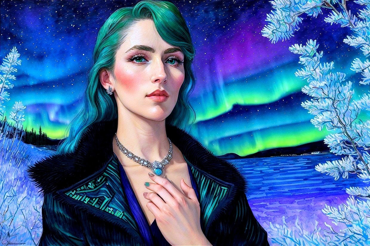 Portrait of a Woman with Teal Hair and Northern Lights