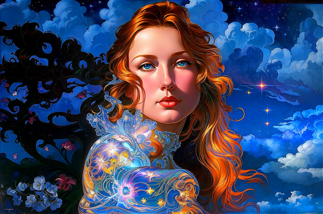 Woman with Red Hair and Blue Eyes in Celestial Scene