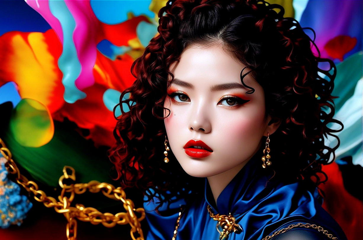 Portrait of a woman with vibrant curly hair and bold makeup