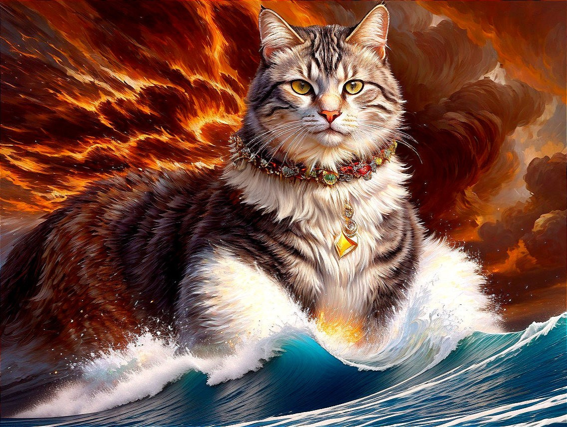 Majestic Cat Blended with Fiery Clouds and Ocean Waves
