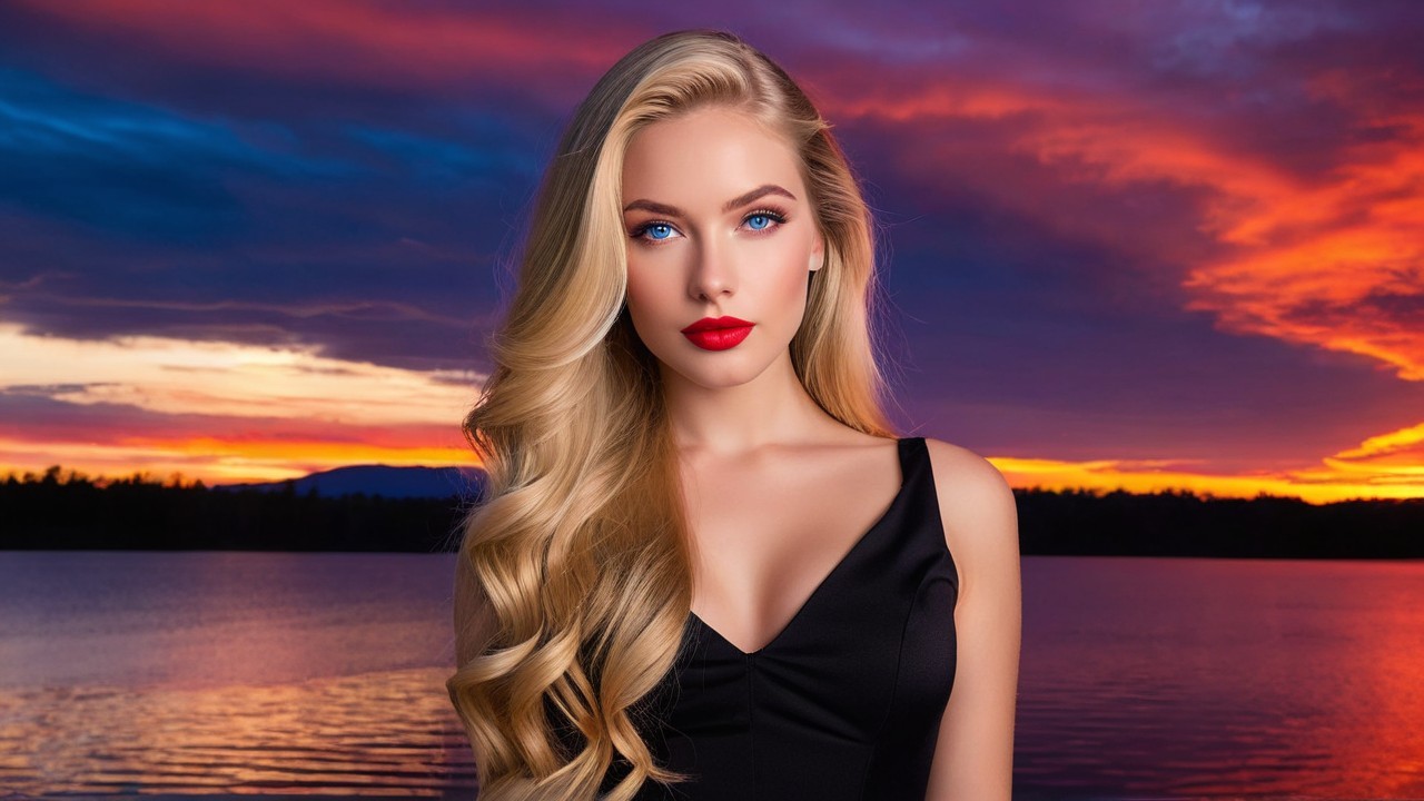 Young woman in black dress at sunset by serene lake
