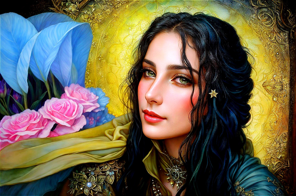 Detailed painting of woman with green eyes, star-adorned dark hair, golden attire, jewelry,