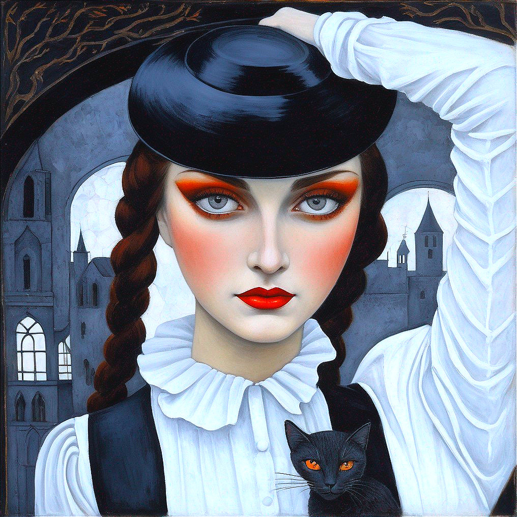 Portrait of a Young Woman with a Black Cat and Hat