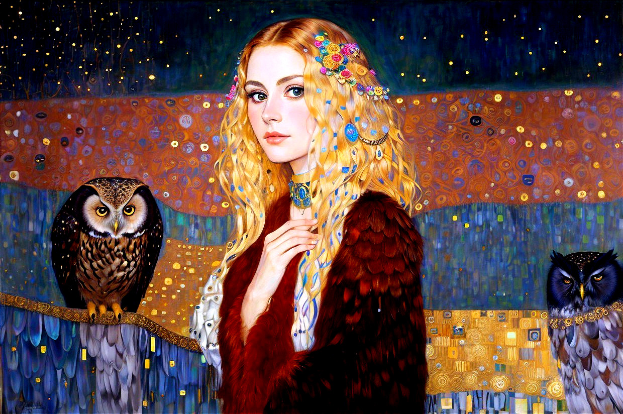 Serene Young Woman with Flowers and Owls in Cloak