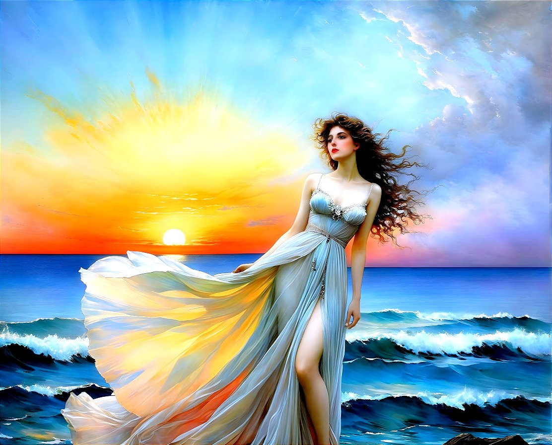 Greek goddess in flowing dress at sunset beach scene